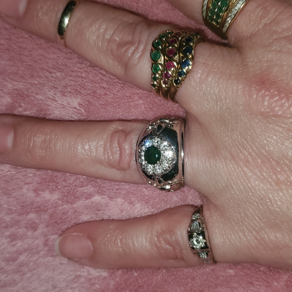 14k White Gold Green Tasverit Garnet & Diamonds Ring